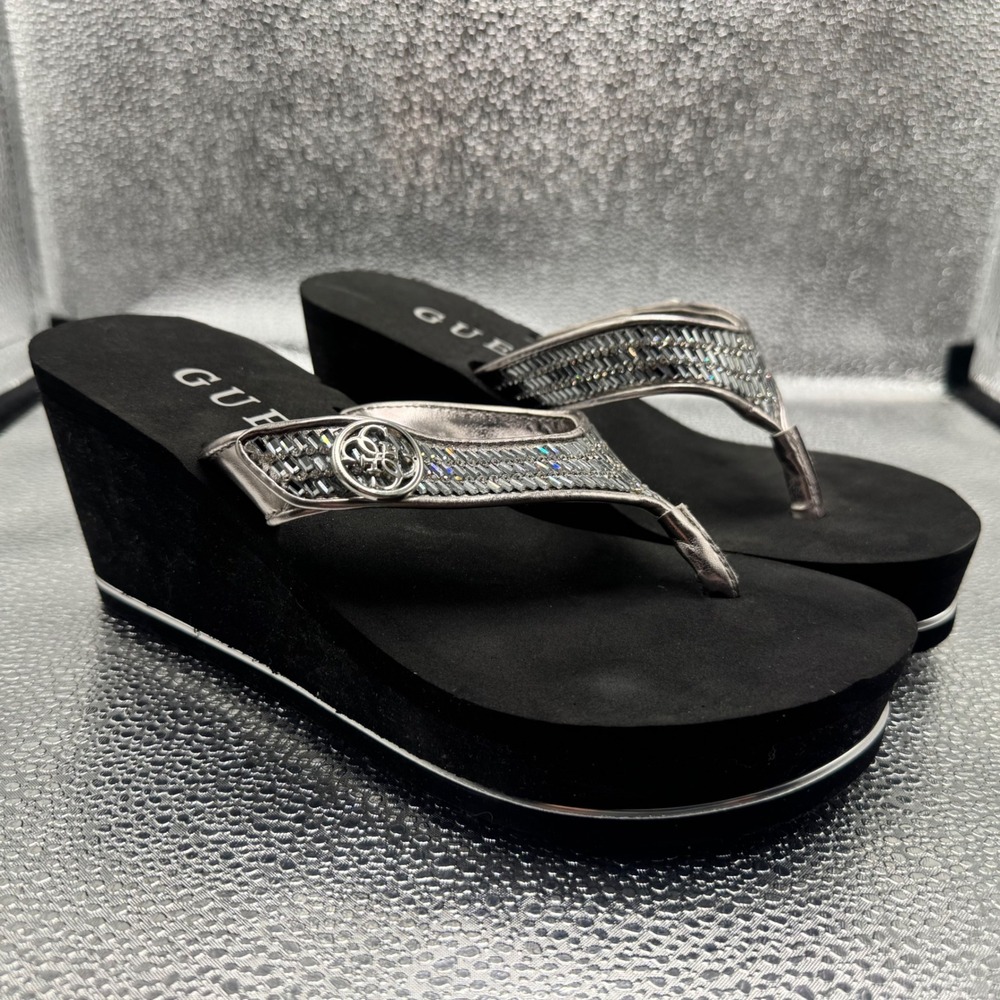 Size 8M Guess Tutu Wedge Sandals Womens Black Silver Excellent Rhinestone Logo